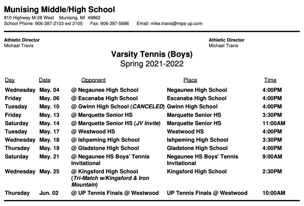 B Tennis schedule